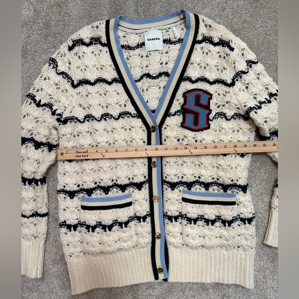 Sandro - Ludvik Cream Crochet Cardigan Sweater w Logo Patch Pocket - size Small - Picture 8 of 14